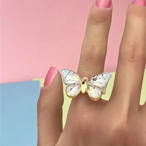 Light Blue Gold Sparkle Butterfly Resin Acrylic Open Back Ring Cute Boho